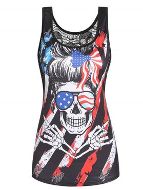 Gothic American Flag Tank Top Skull Skeleton Hand Graphic Lace Panel Summer Top