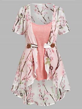 Plus Size Vacation Chiffon Irregular Allover Peach Blossom Floral Print Blouse And Heather Camisole Two Piece Set