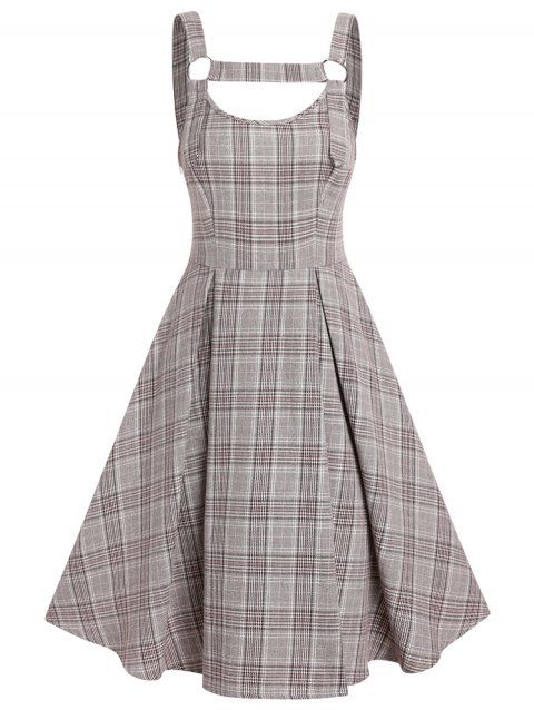 Plaid Vintage Sundress A Line Midi Cut Out Lace Up Pleated Sleeveless Summer Dress