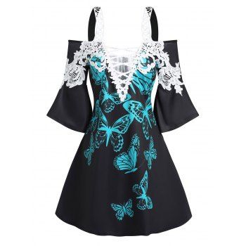 Cold Shoulder Mini A Line Dress Applique Panel Butterfly Lattice Dress dresslily imagine noua 2022