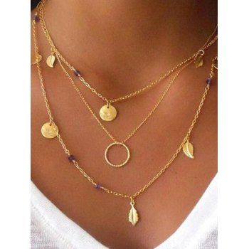 Layered Leaf Coin Round Pattern Adjustable Chain Necklace