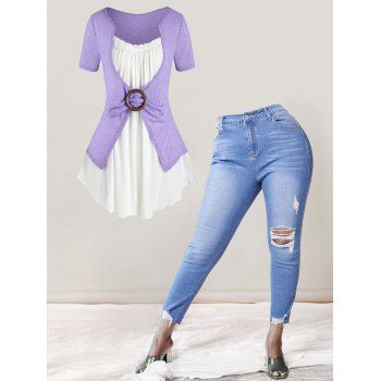 

Plus Size Lace Insert O Ring 2 In 1 Tee And Ripped Skinny Jeans Outfit, Multicolor