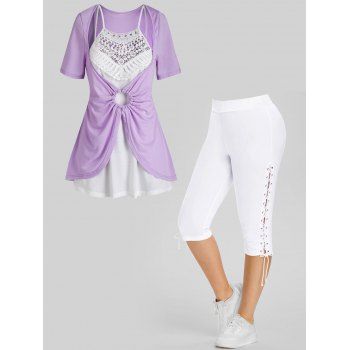 

Plus Size Crochet Tank Top Split O Ring T Shirt and Lace Up Eyelet Capri Leggings Summer Casual Outfit, Multicolor
