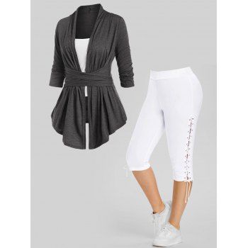 

Plus Size Shawl Collar Wrap T-shirt with Camisole And Lace Up Eyelet Capri Leggings Outfit, Multicolor