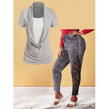 Plus Size Draped Cowl Front Two Tone T-shirt And Lace Panel Acid Wash Jeans Outfit