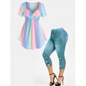 

Plus Size Ombre Rainbow Pastel Twisted Front Skirted T-shirt And Butterfly 3D Print Capri Jeggings Outfit, Multicolor