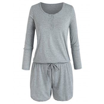 

Heather Romper Half Button Smocked Waist Tie Up Long Sleeves Outfit, Light gray