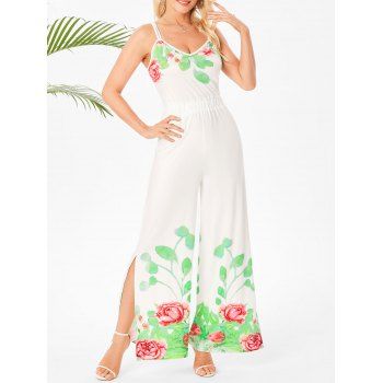 

Summer Beach Wide Leg Jumpsuit Floral Leaf Print V Neck Spaghetti Dual Strap Outfit, White