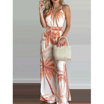 

Tropical Print Vacation Wide Leg Jumpsuit Halter Backless Slit Hem Low Cut Jumpsuit, Light orange