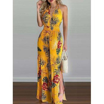 

Tropical Print Vacation Wide Leg Jumpsuit Halter Backless Slit Hem Low Cut Jumpsuit, Yellow