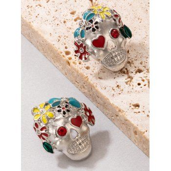 

Colorful Floral Skull Heart Rhinestone Trendy Stud Earrings, Silver