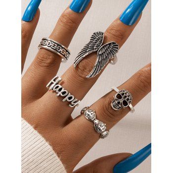 

5 Pcs Vintage Wing Skull Letters Geometric Gothic Trendy Rings Set, Silver