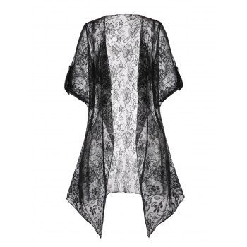 Women Denim??Tops Sheer Floral Lace Kimono Asymmetrical Hem Roll up Cuff Summer Trendy Top Clothing Online M Black