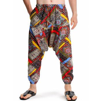 

Ethnic African Print Harem Pants Bohemian Elastic Waist Beam Feet Pockets Pants, Orange