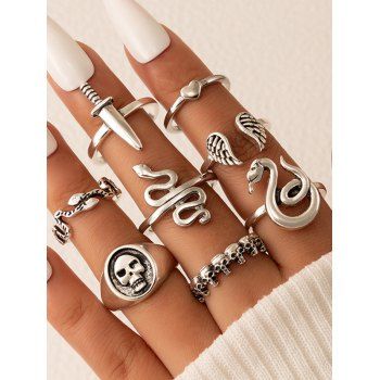 

8 Pcs Vintage Skull Wing Snake Heart Sword Trendy Rings Set, Silver