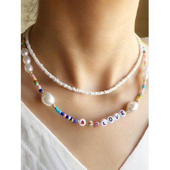 

2Pcs Bohemian Love Colorful Beads Artificial Pearl Choker Necklaces, Multicolor