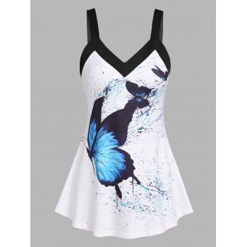 

Ringer Casual Tank Top Butterfly Print V Neck Strap High Waist Summer Top, White