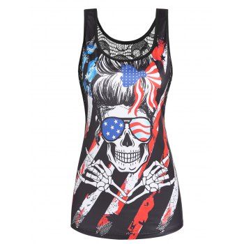 Gothic American Flag Tank Top Skull Skeleton Hand Graphic Lace Panel Summer Top
