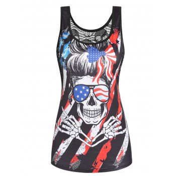 

Gothic American Flag Tank Top Skull Skeleton Hand Graphic Lace Panel Summer Top, Black