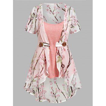 

Plus Size Top Vacation Chiffon Irregular Allover Peach Blossom Floral Print Blouse And Heather Camisole Two Piece Set, Light pink