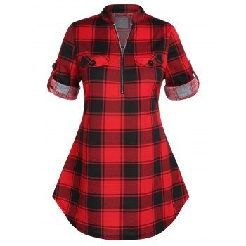 

Plus Size & Curve Plaid Print Blouse Half Zipper Mock Button Roll Up Sleeve Top, Red