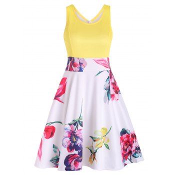 

Summer Vacation Bright Contrast Colorblock Floral Print Dress A Line Mini Dress, Multicolor