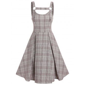 

Plaid Vintage Sundress A Line Midi Cut Out Lace Up Pleated Sleeveless Summer Dress, Coffee