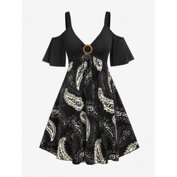 

Plus Size Cold Shoulder Paisley A Line Dress, Black