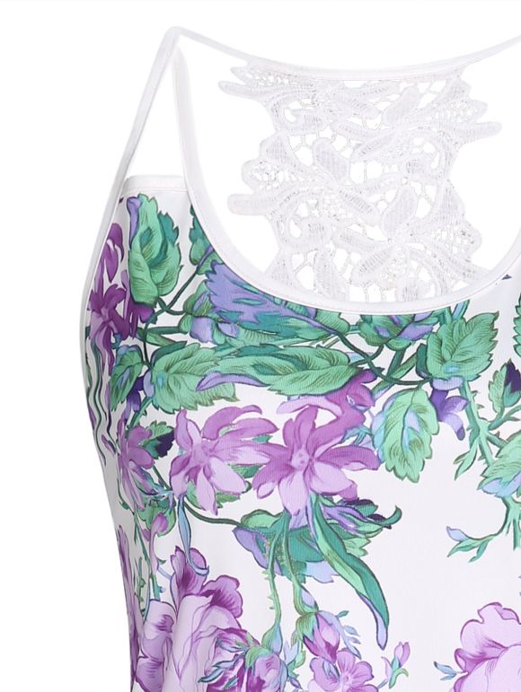 Débardeur D'Eté de Vacances Long Découpé Au Crochet à Imprimé Fleur et Feuille - Violet clair M
