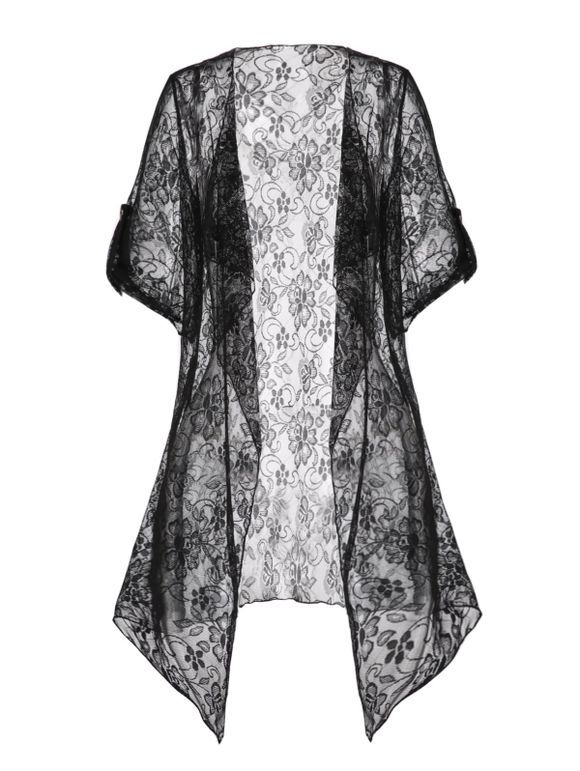 Kimono en Dentelle Florale Transparente Ourlet Asymétrique d'Eté - Noir XXXL