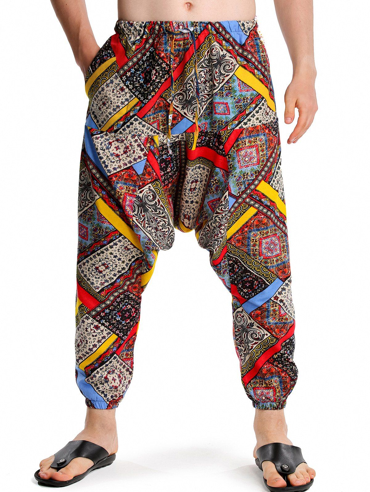 Pantalon Sarouel à Taille Elastique avec Poches à Imprimé Ethnique Africain - Orange XL