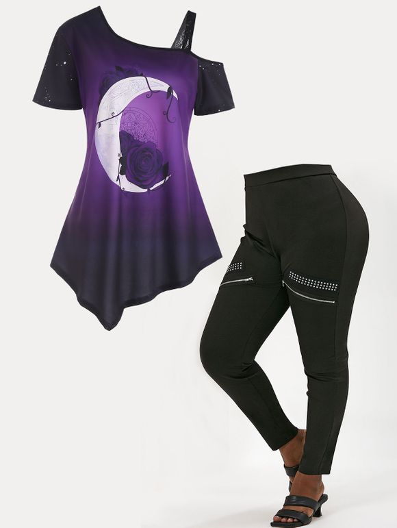 Ensemble de T-shirt Décontracté Ombré à Imprimé Lune et Legging à Taille Haute de Grande Taille - multicolor L