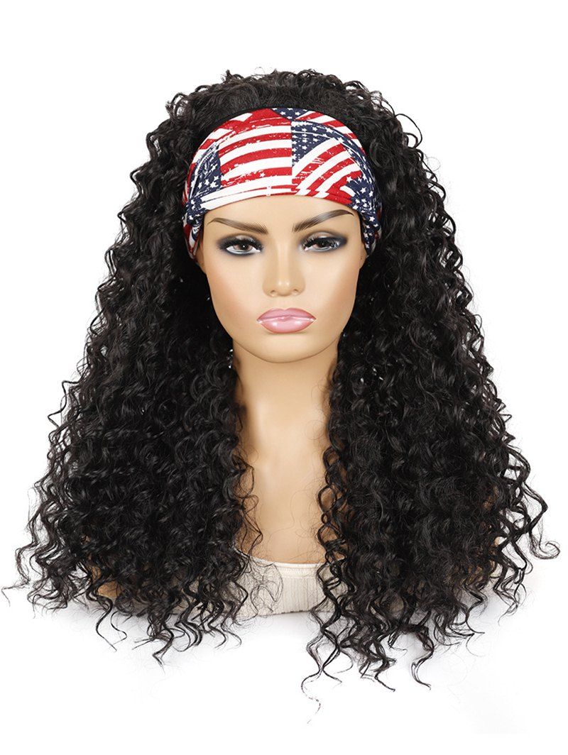 Wide Headband Integrated Long Deep Curly Heat Resistant Synthetic Wig - BLACK 