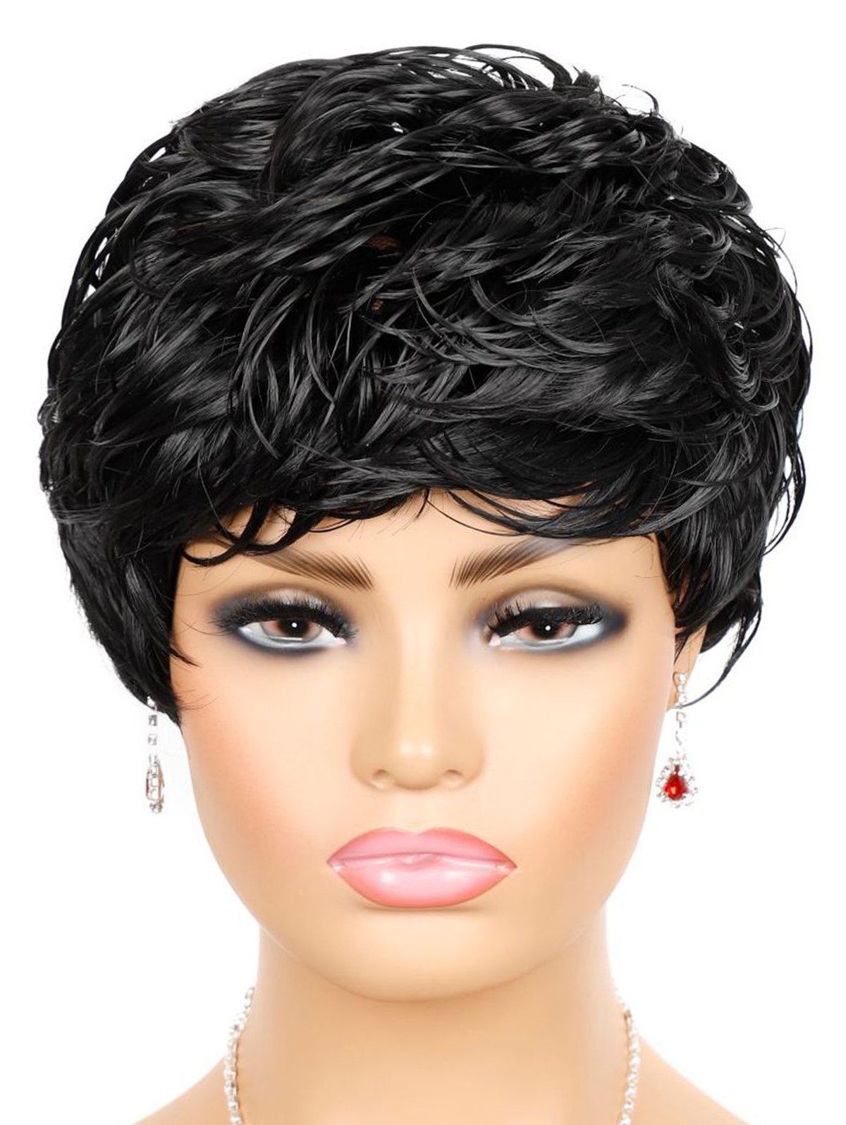 Short Inclined Bang Fluffy Curly Wavy High Temperature Fiber Synthetic Wig - BLACK 