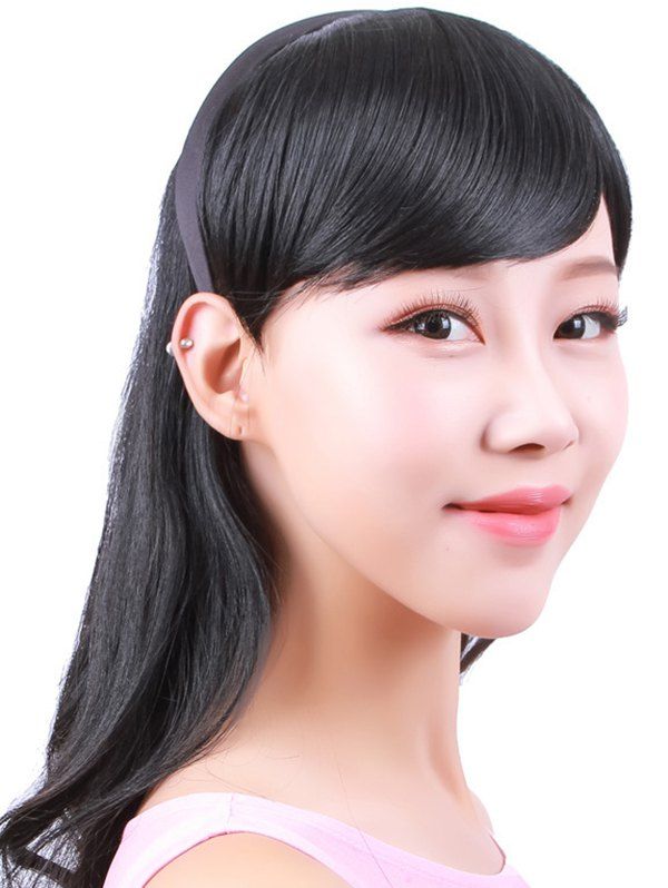 Hair Extension Heat Resistant Synthetic Wig Blunt Side Bang Headband - BLACK 