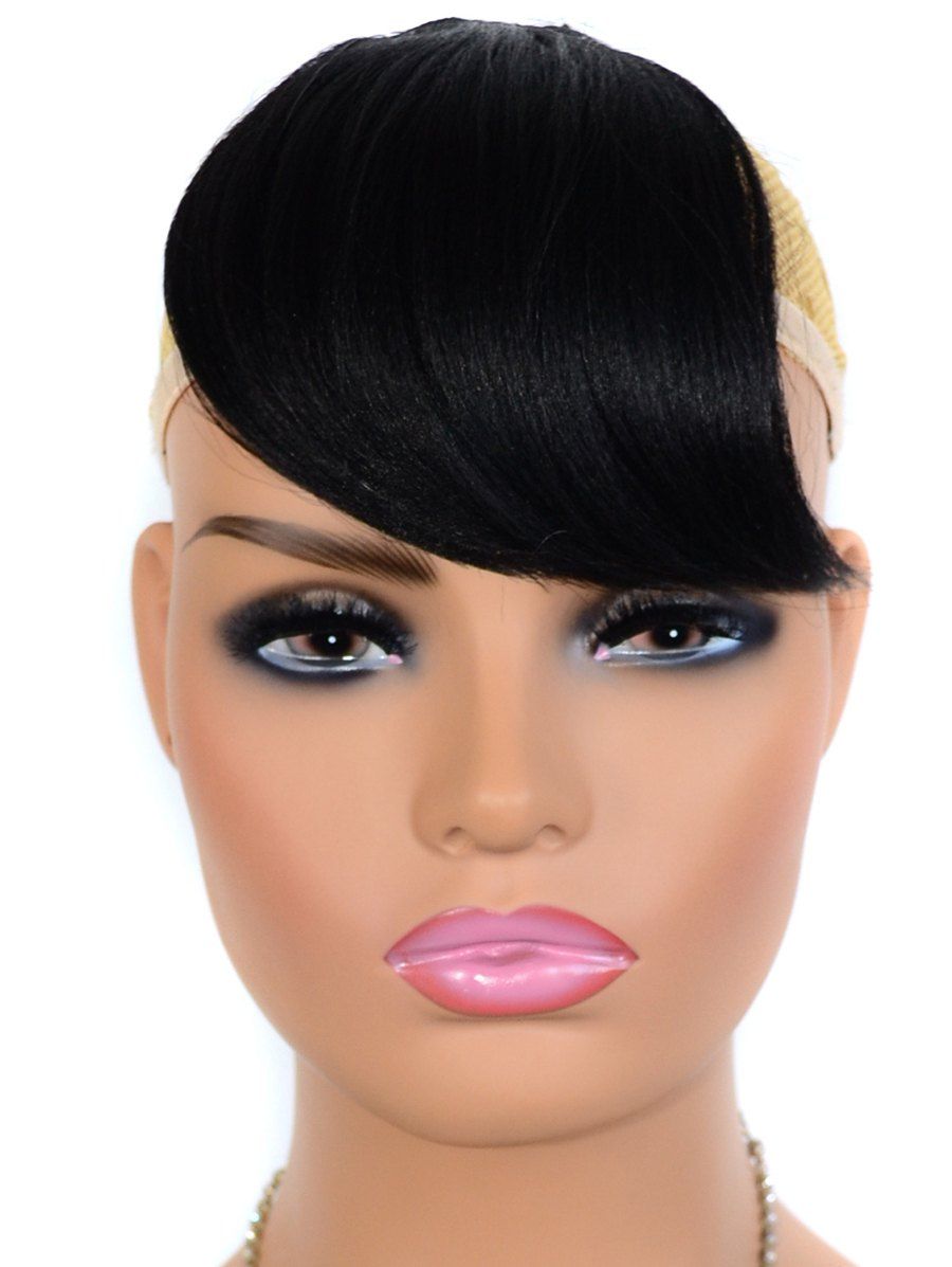 Black Straight Short Heat Resistant Synthetic Hair Side Bang Wig - BLACK 