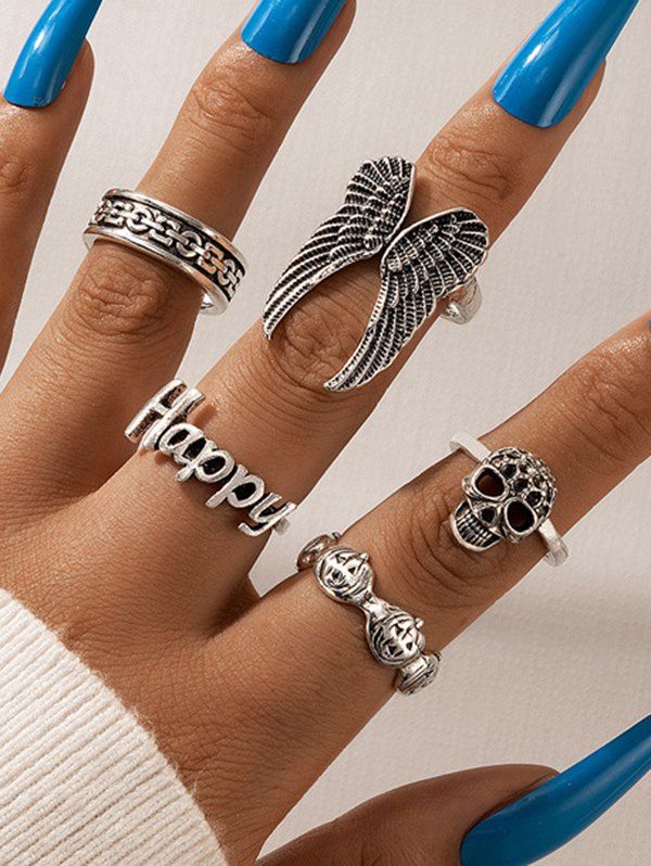 5 Pcs Vintage Wing Skull Letters Geometric Gothic Trendy Rings Set - SILVER 