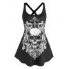 Plus Size Skull Flower Print Cross Tank Top And Zip Studded High Rise Leggings Outfit - BLACK L