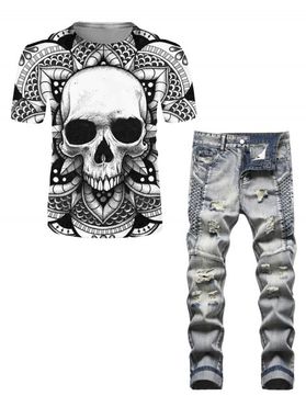 Skull Print Short Sleeve T Shirt and Faded Wash Zipper Fly Ripped Jeans Casual Outfit