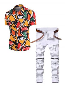 Colorful Geometric Printed Short Sleeve Shirt and Destroy Wash Zipper Embellishment Jeans Casual Outfit