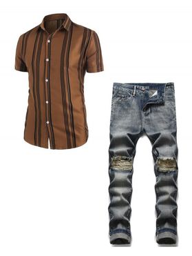 Short Sleeve Balanced Stripe Shirt and Distressed Straight Destroy Wash Jeans Casual Outfit