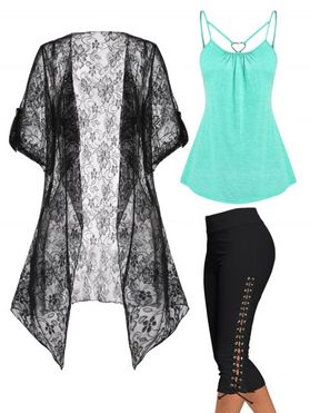 Strappy Heart Ring Cami Top and Sheer Floral Lace Roll up Cuff Kimono and Lace Up Skinny Crop Leggings Summer Casual Outfit