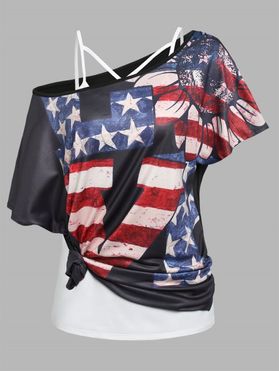 American Flag Print Skew Collar T Shirt And Strappy Camisole Two Piece Set