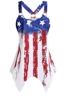 American Flag Casual Tank Top Star Striped Print O Ring Cut Out Handkerchief Summer Top