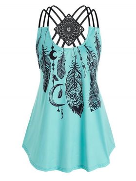 Feather Print Casual Tank Top Dream Catcher Cut Out Floral Crochet Summer Top