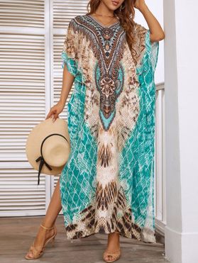 Bohemian Aztec Print Maxi Beach Dress Oversize High Slit Allover Printed Dress