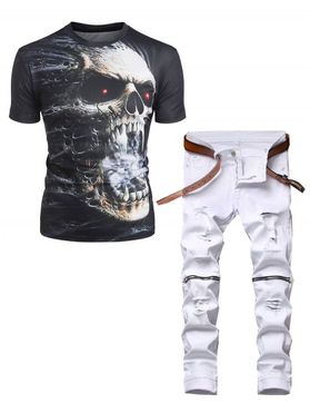 Skull Print Short Sleeve Gothic T Shirt and Destroy Wash Zipper Embellishment Jeans Casual Outfit