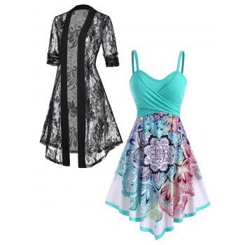 Bohemian Flower Crossover Empire Waist Midi Dress and Open Front Roll Up Cuff Floral Lace Sheer Kimono Summer Outfit