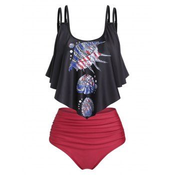 

Marine Life Print Swimsuit Patriotic Dual Strap Tummy Control Tankini Swimwear, Black