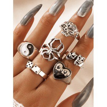 

6 Pcs Heart Skull Spider Tai Chi Gossip Dice Vintage Rings Set, Silver